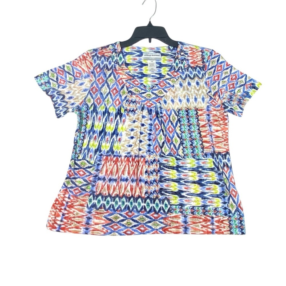 Alfred Dunner Patchwork Shirt Women's Petite Medium Short Sleeve Stud Detail